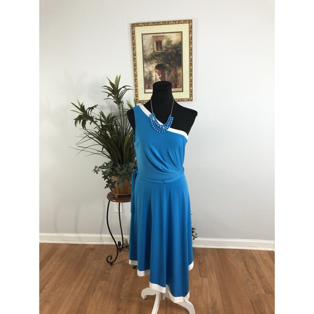 New York & Company Women A-Line Dress Size‎ M Blue One Shoulder Asymmetrical Hem